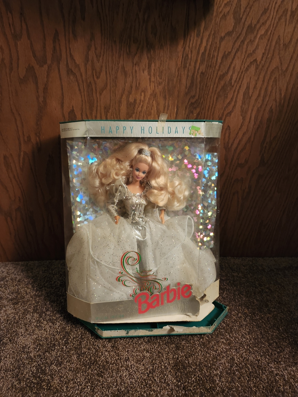 NIB Vintage 1992 Happy Holidays Barbie Doll, Silver/White Glitter Gown